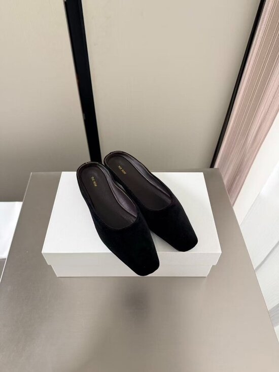 The Row. Shoes - The Row Black Suede Square Toe Slip On Mule Flat